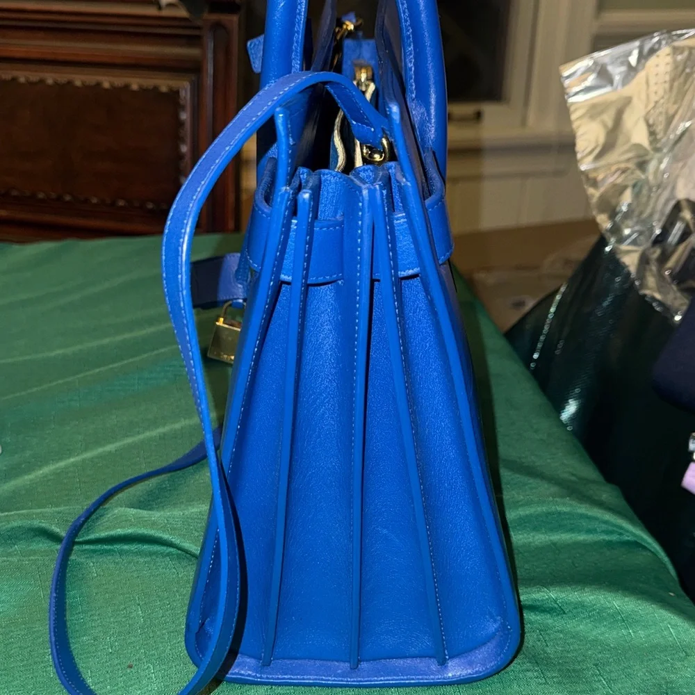 Saint Laurent Paris Electric Blue Leather Satchel with Gold Hardware Medium